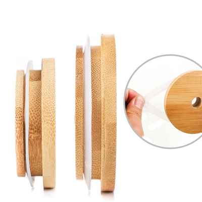 Guci Mason Mulut Biasa 70mm Tutup Guci Bambu Dengan Lubang Jerami Tutup Guci yang Dapat Digunakan Kembali