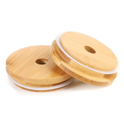 Guci Mason Mulut Biasa 70mm Tutup Guci Bambu Dengan Lubang Jerami Tutup Guci yang Dapat Digunakan Kembali
